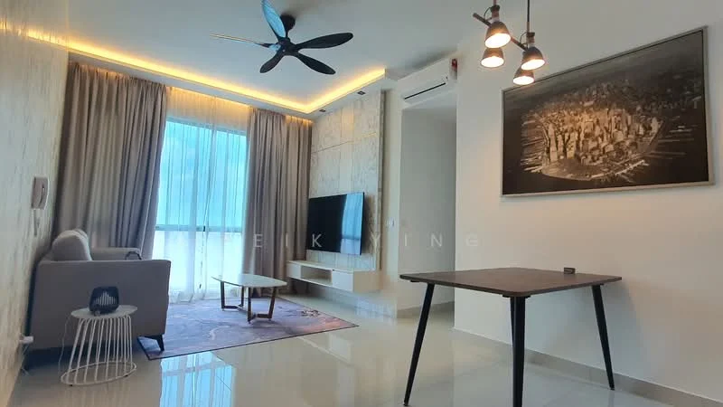 Living features: 3-seater fabric sofa in grey, coffee table, TV console, wall-mounted TV, area rug with geometric pattern, 5-blade ceiling fan with integrated LED light, recessed downlights, floor-to-ceiling windows with sheer curtains, decorative wall art, light-colored walls, glossy tile flooring; style: modern; view: city.