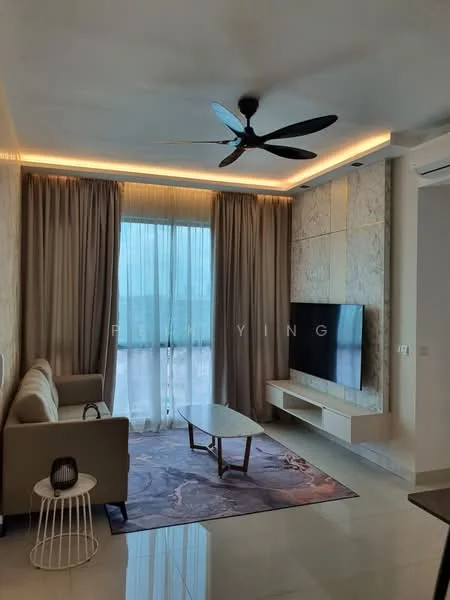 Living features: 3-seater fabric sofa in beige, coffee table, wall-mounted TV, TV console, area rug with abstract pattern, floor-to-ceiling windows, sheer curtains, 5-blade ceiling fan with light, recessed LED downlights, decorative wall paneling, marble flooring, crown moulding, LED strip lighting; style: modern; view: city.
