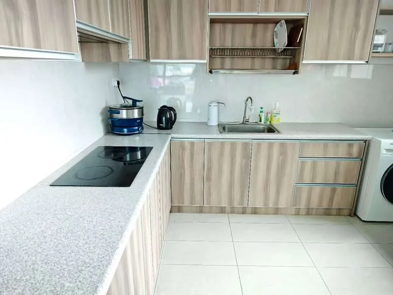 Kitchen features: light wood cabinetry, grey granite countertop, built-in electric cooktop, stainless-steel sink, chrome pull-down faucet, white ceramic backsplash, microwave, kettle, dishwasher, washing machine, tile flooring, open shelving, under-cabinet lighting; style: modern.