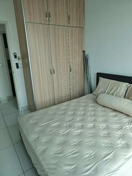 Bedroom features: queen-size bed with beige bedding, upholstered headboard, built-in wardrobe with wooden finish, white walls, tile flooring, window with natural light, decorative bolster pillow, minimalist decor; style: modern.