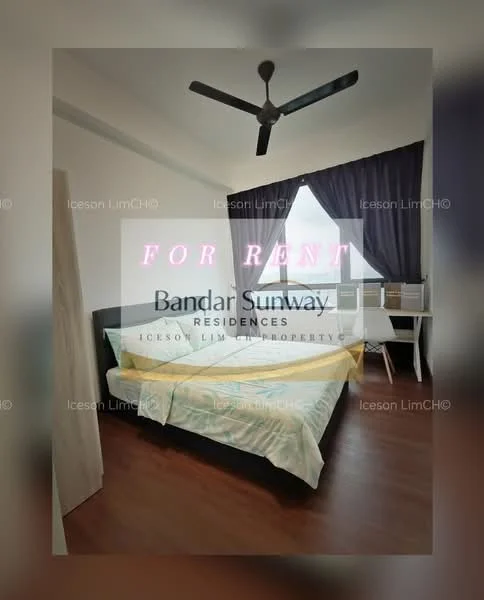 Bedroom features: king-size bed with light-colored bedding, wooden flooring, floor-to-ceiling window with city view, blackout curtains, ceiling fan, study desk with chair, built-in wardrobe, decorative wall art; style: modern; view: city.