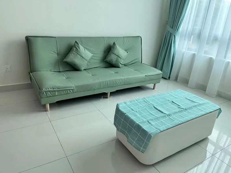 Living features: green fabric sofa bed, two decorative cushions, white coffee table, light blue tablecloth, white tiled flooring, floor-to-ceiling windows, sheer curtains, curtains in teal color, neutral painted walls, natural light; style: modern.