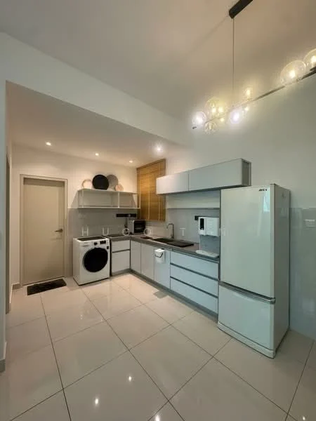 Kitchen features: white cabinetry, grey countertop, stainless-steel fridge, built-in microwave, freestanding washing machine, ceramic tile flooring, recessed downlights, pendant lighting, single-bowl stainless-steel sink, chrome pull-down faucet, white backsplash, open shelving, kitchen island, door to hallway; style: modern.
