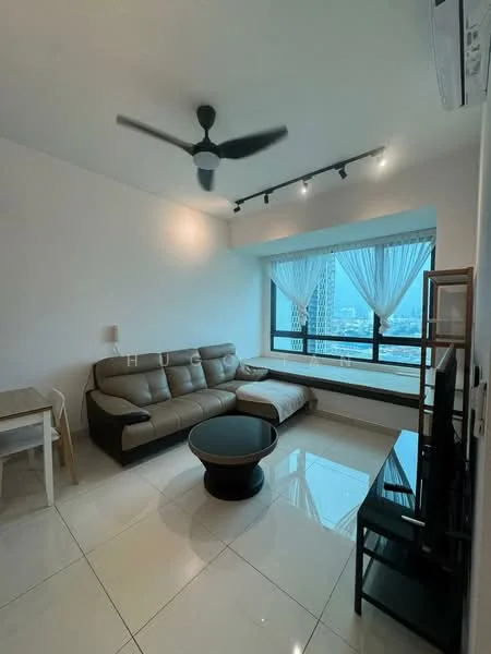Living features: 3-seater leather sofa in beige, coffee table, wall-mounted TV, TV console, floor-to-ceiling windows, sheer curtains, ceiling fan with light, recessed LED downlights, polished tile flooring, decorative wall art, built-in shelving, window seat with cushions; style: modern; view: city.
