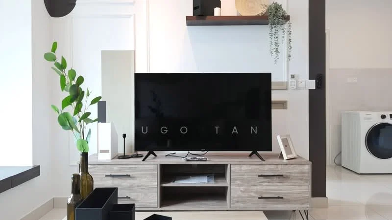 Living features: flat-screen TV on wooden console, wooden console with storage drawers, white walls, light-colored flooring, decorative plant in vase, black floor lamp, shelf with decorative items, washing machine visible in background, minimalist decor, neutral color palette; style: modern.