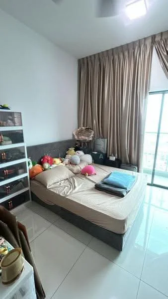 Bedroom features: queen-size bed, upholstered headboard, floor-to-ceiling windows, sheer curtains, light grey wall, white painted walls, glossy tile flooring, built-in wardrobe, decorative wall shelf, plush toys on bed, basket chair, ceiling fan with light; style: modern; view: city.