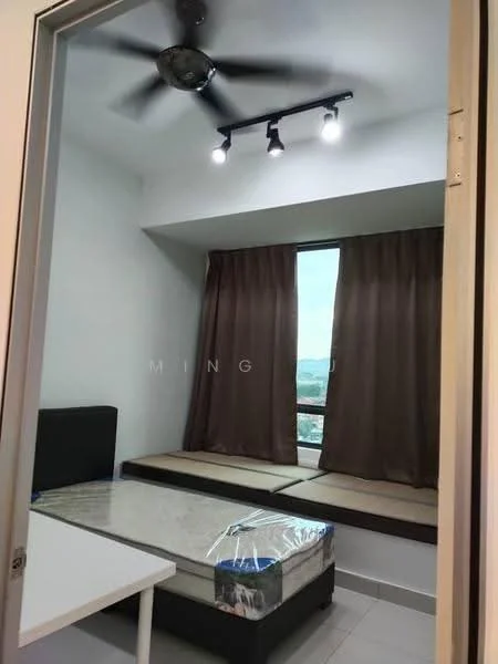 Bedroom features: queen-size bed with mattress, upholstered headboard, 2-seater built-in bench seating, floor-to-ceiling window, brown curtains, ceiling fan with light, recessed lighting, white painted walls, tile flooring; style: modern; view: city.