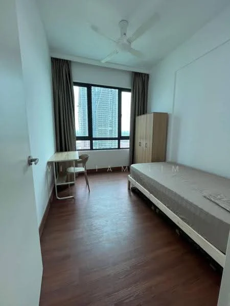 Bedroom features: single bed, wooden flooring, floor-to-ceiling window, curtains, ceiling fan, study desk, wooden wardrobe, neutral wall color; style: modern; view: city.