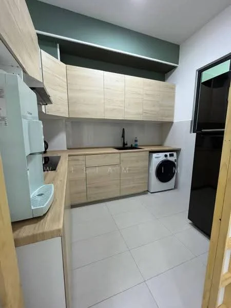 Kitchen features: light wood cabinetry, black sink, chrome pull-down faucet, white washing machine, black refrigerator, white tiled flooring, grey accent wall, countertop with wood finish, built-in microwave, stainless-steel range hood; style: modern.