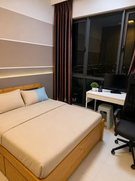 Bedroom features: queen-size bed with wooden frame, beige bedding, floor-to-ceiling windows, brown curtains, study desk with chair, monitor on desk, small potted plant on desk, light-colored tiled flooring, accent wall with horizontal stripes in grey and beige; style: modern; view: city.