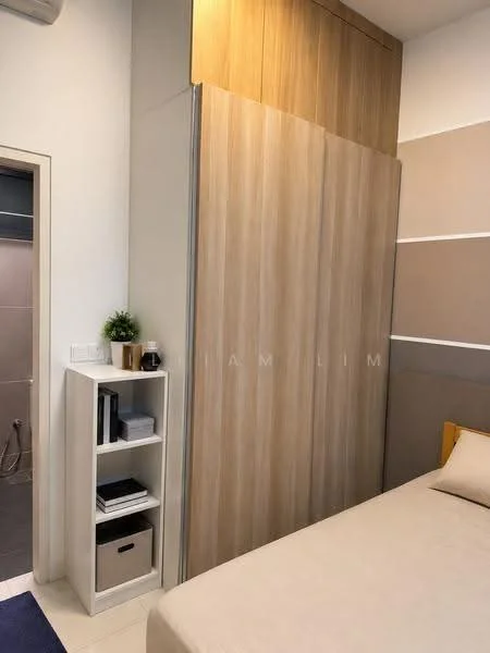 Bedroom features: queen-size bed, wooden headboard, built-in wardrobe with wood finish, white shelving unit, decorative plant on shelf, grey accent wall, cream painted walls, recessed lighting, carpet flooring; style: modern.