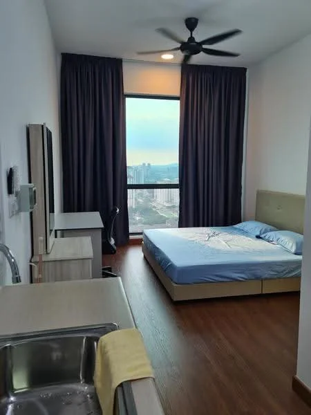 Bedroom features: queen-size bed with blue bedding, wooden flooring, floor-to-ceiling window, dark curtains, ceiling fan, wall-mounted TV, desk with chair, built-in wardrobe, light fixture, decorative wall, nightstand; style: modern; view: city.
