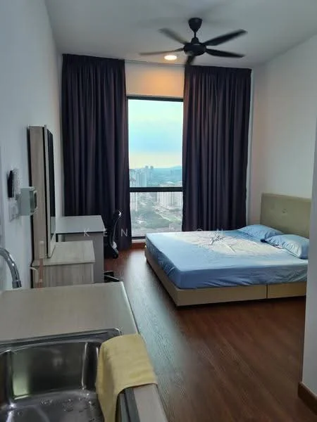 Bedroom features: queen-size bed, upholstered headboard, floor-to-ceiling window, city view, dark curtains, wooden flooring, ceiling fan, wall-mounted TV, desk chair, small kitchenette with sink, light-colored bedding; style: modern; view: city.