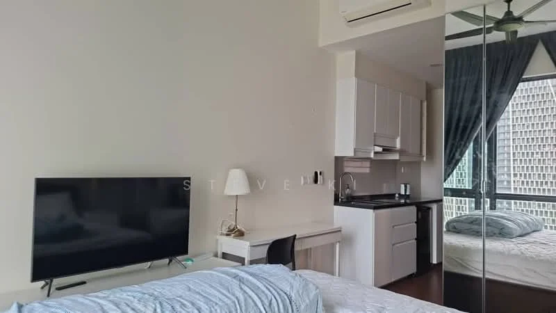 Bedroom features: queen-size bed, upholstered headboard, wall-mounted TV, desk with chair, kitchenette with countertop, white cabinetry, stainless-steel sink, built-in microwave, refrigerator, floor-to-ceiling windows, curtains, air conditioning unit, light fixture, decorative mirror; style: modern; view: city.