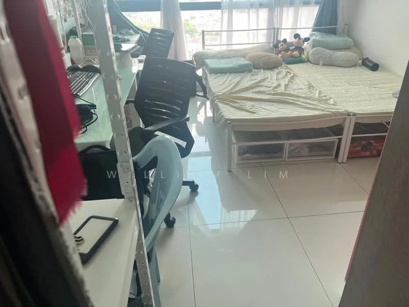 Bedroom features: queen-size bed, light-colored bedding, two decorative pillows, white wall, large window with sheer curtains, desk with computer monitor, black office chair, light-colored tiled flooring, storage drawers under bed, plush toys on bed, desk lamp; style: modern; view: city.