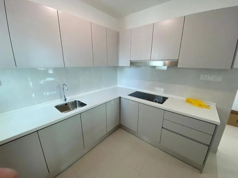 Kitchen features: single-bowl stainless-steel sink, chrome pull-down faucet, white quartz countertop, grey flat-panel cabinets, built-in oven, stainless-steel range hood, ceramic tile flooring, white tiled backsplash, under-cabinet lighting; style: modern.