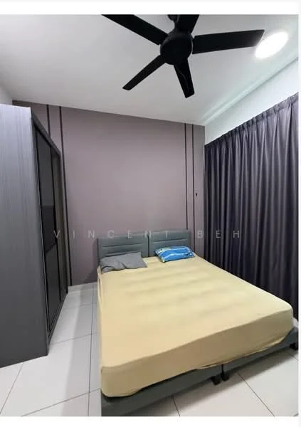 Bedroom features: queen-size bed with beige bedding, upholstered headboard, 2 bedside pillows, black ceiling fan with 3 blades, grey built-in wardrobe with sliding doors, light grey walls, dark grey accent wall, floor-to-ceiling curtains in dark grey, white tiled flooring, recessed lighting; style: modern.
