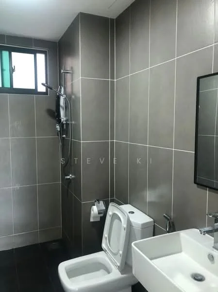 Bathroom features: grey tiled walls, black tiled flooring, walk-in shower with glass partition, rain shower head, handheld shower, single-sink vanity with modern basin, chrome basin mixer, framed mirror, one-piece toilet, toilet paper holder, window for natural light; style: modern.