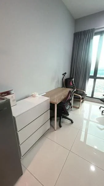 Study features: light grey painted walls, white glossy tile flooring, large window with city view, black office chair, wooden desk, white chest of drawers, desk lamp, curtains, recessed downlights; style: modern; view: city.