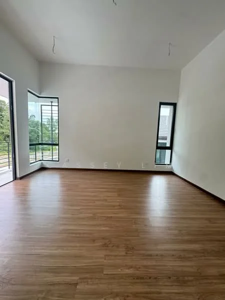 Room features: laminate flooring, white painted walls, floor-to-ceiling windows, two large windows, natural light, high ceiling, open layout, view of greenery; style: modern; view: garden.