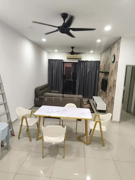 Living features: 5-blade ceiling fan with light, sofa in grey fabric, coffee table with white top and gold legs, TV console with wall-mounted TV, area rug with geometric pattern, floor-to-ceiling windows, curtains in grey, wall with decorative wallpaper, marble tile flooring, recessed downlights; style: modern; view: city.