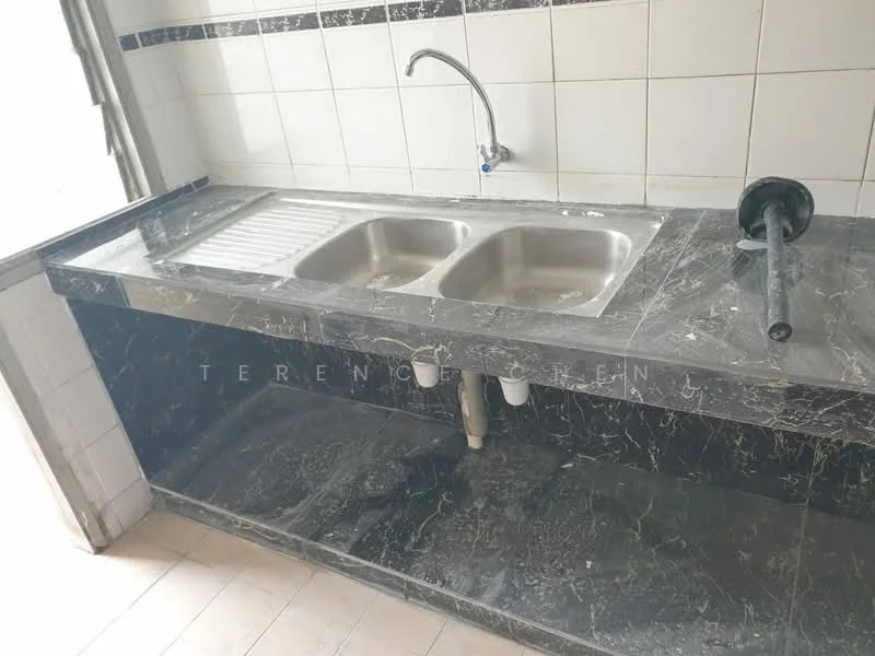 Kitchen features: double-bowl stainless-steel sink, chrome faucet, black marble countertop, white tiled backsplash, white tiled walls, light-colored tile flooring, under-sink plumbing, open shelving below countertop; style: modern.
