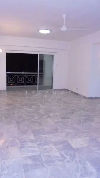 Living features: marble flooring, white painted walls, sliding glass door, floor-to-ceiling windows, 5-blade ceiling fan, balcony view.