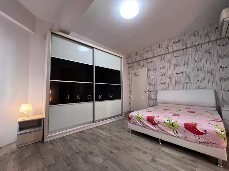 Bedroom features: queen-size bed with patterned bedding, upholstered headboard, built-in wardrobe with sliding doors, wooden flooring, wall-mounted light fixture, decorative wallpaper with pattern, nightstand with lamp, door to hallway; style: modern.