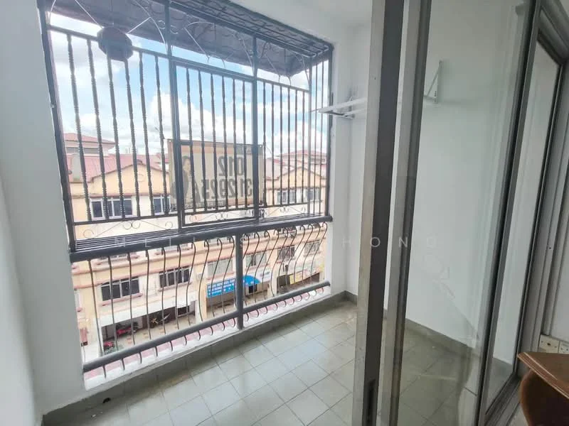 Balcony features: sliding glass door, metal railing, grey tiled flooring, overhead clothes drying rack, city view, open space, natural light; view: city.