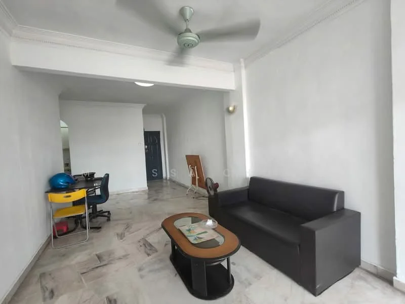Living features: white painted walls, marble flooring, 5-blade ceiling fan, black leather sofa, wood coffee table, yellow desk with chair, decorative items on table, doorway leading to another room; style: minimalist.
