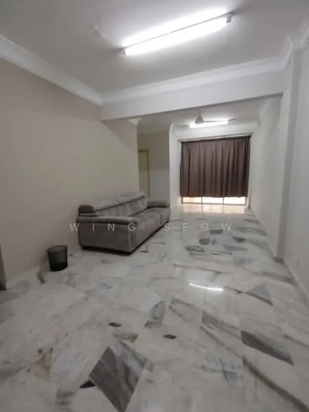 Living features: grey fabric sofa, marble flooring, white painted walls, recessed ceiling lights, curtains, open layout, natural light from windows, decorative wall molding; style: modern.