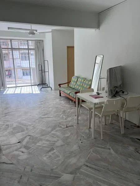 Living features: marble flooring, white painted walls, 5-blade ceiling fan, large windows with sheer curtains, sofa with patterned upholstery, dining table with white chairs, full-length mirror, TV console; style: modern.