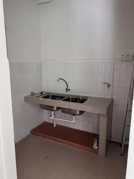 Laundry features: stainless-steel double-bowl sink, chrome pull-down faucet, white tiled walls, white tiled backsplash, red ceramic tile flooring, exposed plumbing under sink, metal ladder, wall-mounted faucet, drainage outlet; style: functional.