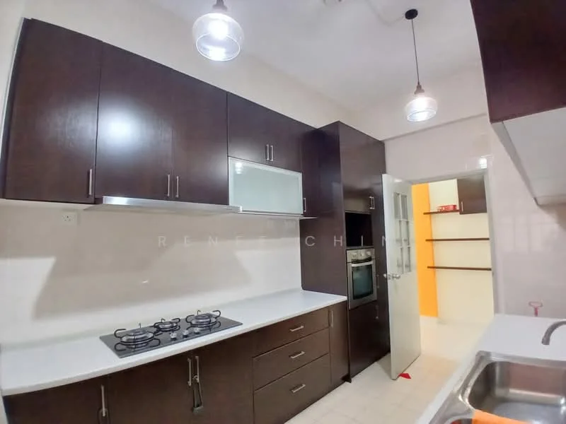 Kitchen features: dark wood cabinetry, white countertop, built-in oven, 4-burner gas hob, stainless-steel sink, pendant lighting, tile backsplash, cream tiled flooring, open shelving, glass cabinet doors; style: modern.