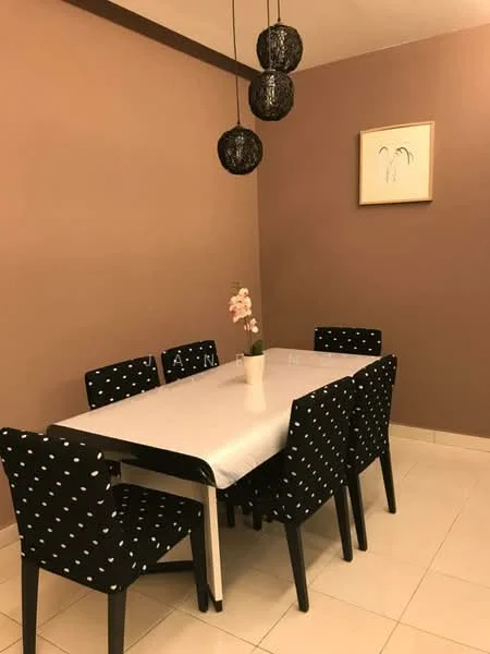 Dining features: 6-seater dining table, black dining chairs with white polka dots, white tablecloth, brown painted walls, ceramic tile flooring, pendant lighting with black shades, decorative wall art, flower vase with artificial flowers; style: modern.