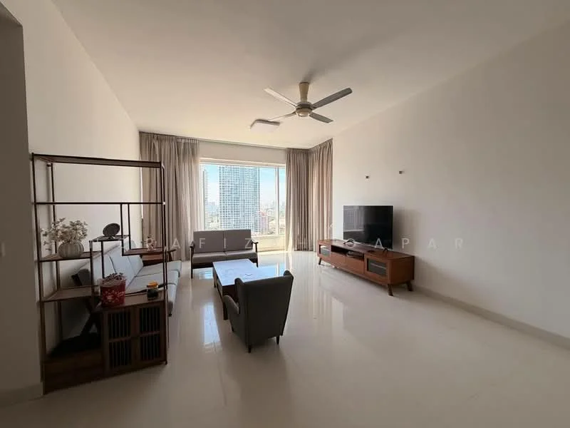 Living features: white painted walls, polished marble flooring, 5-blade ceiling fan with light, large floor-to-ceiling windows, curtains, sofa with light upholstery, wooden coffee table, TV console, wall-mounted TV, open shelving unit, decorative items on shelves, area rug; style: modern; view: city.