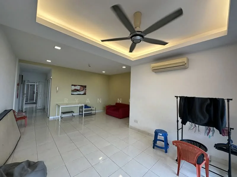 Living features: white painted walls, polished ceramic tile flooring, tray ceiling with recessed lighting, 5-blade ceiling fan, air conditioning unit, sofa in red, glass coffee table, white dining table, clothes rack, blue stool, red plastic chair; style: modern.