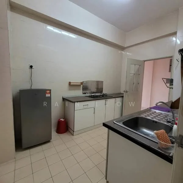 Kitchen features: grey cabinetry, white tiled walls, white tiled flooring, stainless-steel sink, single-bowl stainless-steel sink, chrome pull-down faucet, built-in gas stove, freestanding fridge, countertop, kitchen exhaust hood, wall-mounted cabinet, open shelving, window with natural light; style: modern.