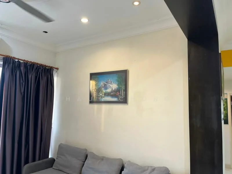 Living features: grey fabric sofa, framed artwork on wall, white painted walls, recessed downlights, floor-to-ceiling windows with sheer curtains, dark accent wall, ceiling fan; style: modern.