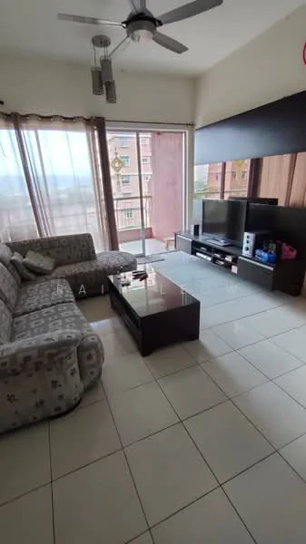Living features: 3-seater fabric sofa in grey, coffee table, TV console, wall-mounted TV, floor-to-ceiling windows, sheer curtains, tile flooring, ceiling fan with light, decorative wall panel, balcony access, area rug; style: modern; view: city.