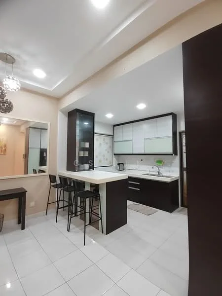Kitchen features: white upper cabinets, dark wood lower cabinets, marble countertop, single-bowl stainless-steel sink, chrome pull-down faucet, built-in stove, microwave, refrigerator, tile backsplash, pendant lighting, bar stools, white tiled flooring, recessed downlights, wall-mounted cabinets, open layout; style: modern.