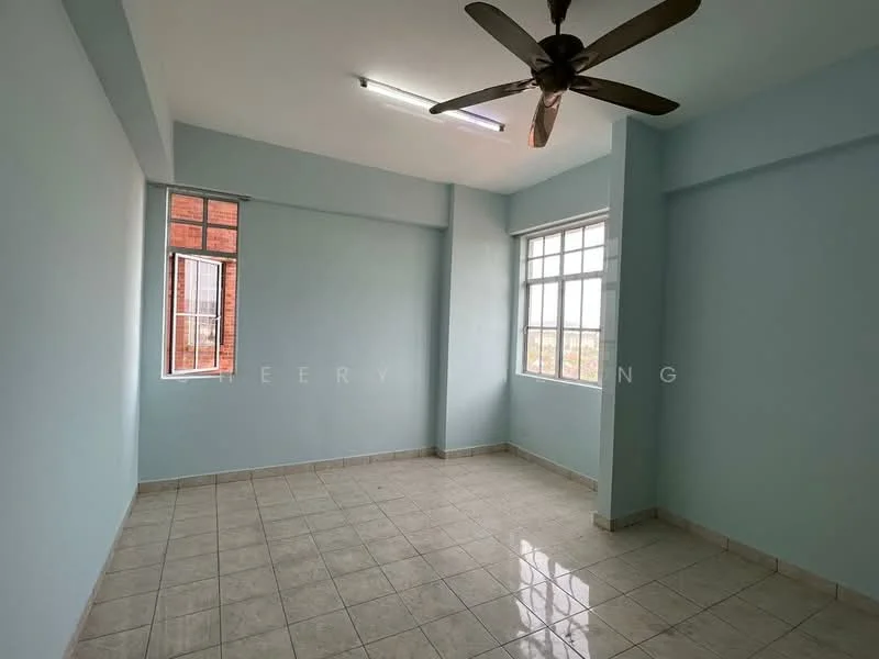 Room features: light blue painted walls, white ceiling, 5-blade ceiling fan, floor-to-ceiling windows, ceramic tile flooring, natural light from windows, corner room with two windows, no visible furniture; style: minimalist; view: city.