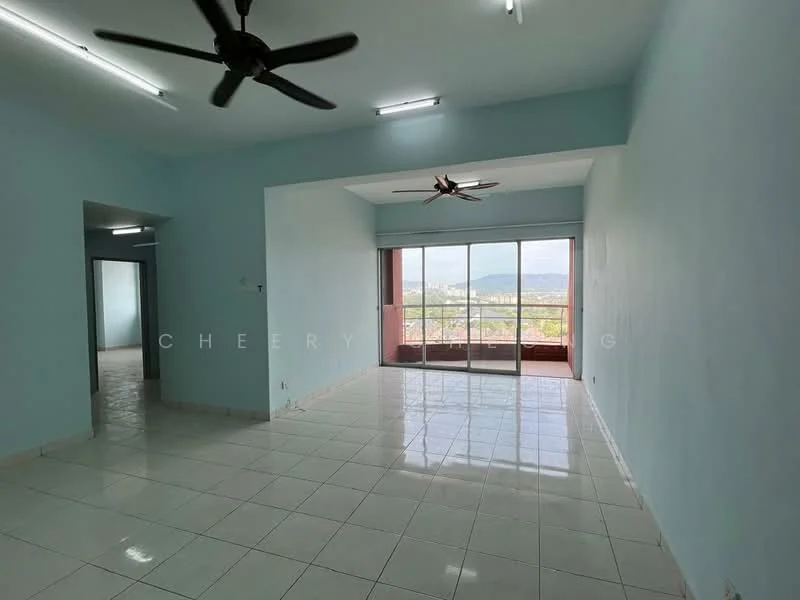 Living features: light blue painted walls, white tiled flooring, 2 ceiling fans, large sliding glass door, mountain view, recessed lighting, window with sheer curtains, open layout; style: modern; view: mountain. Room features: white tiled flooring, light blue painted walls, doorway leading to another room.