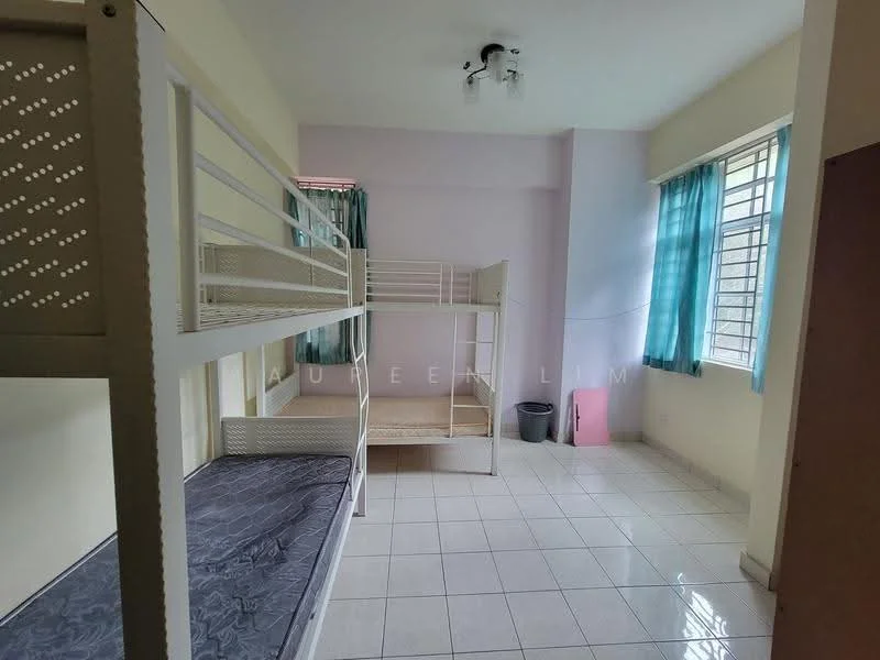 Bedroom features: bunk bed with metal frame, single mattress on lower bunk, white walls, light grey accent wall, tile flooring, two windows with sheer turquoise curtains, ceiling light fixture, waste bin, pink plastic board, empty space for additional furniture; style: minimalist.