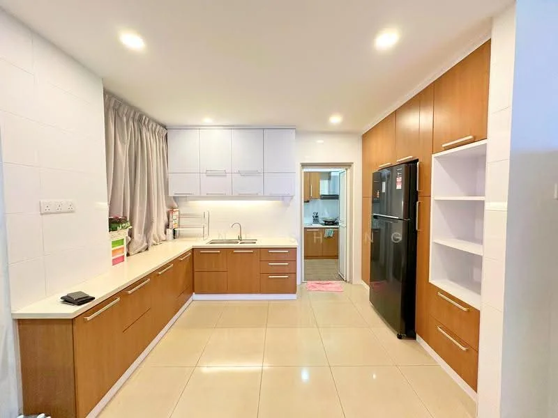 Kitchen features: L-shaped kitchen layout, white upper cabinets, wooden lower cabinets, stainless-steel sink, chrome pull-down faucet, white countertop, black refrigerator, built-in oven, ceramic tile flooring, recessed LED downlights, grey curtains, open shelving, wall-mounted cabinets; style: modern.