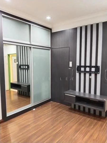 Room features: wood laminate flooring, grey accent wall with vertical stripes, glass sliding door, built-in wall-mounted TV console, mirror reflecting the room, recessed ceiling lights, door leading to another room, wall-mounted intercom panel; style: modern.