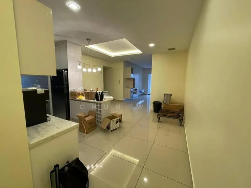 Kitchen features: white painted walls, glossy tile flooring, recessed downlights, pendant lights over island, kitchen island with seating, black refrigerator, built-in cabinets, marble countertop, open layout to living area; style: modern. Room features: glossy tile flooring, neutral wall color, recessed lighting, open layout.