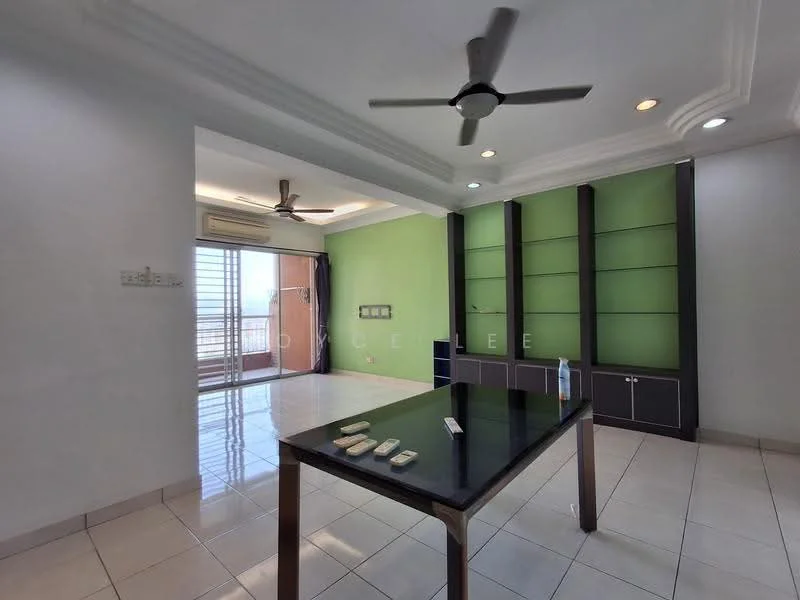 Living features: white painted walls, green accent wall, ceramic tile flooring, 5-blade ceiling fan, recessed downlights, built-in shelving unit, sliding glass door, floor-to-ceiling windows, window treatments, dining table, decorative items on table; style: modern; view: city.