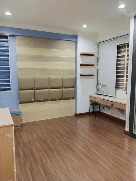 Room features: wooden flooring, light brown accent wall, built-in headboard with padded panels, floating shelves, desk with drawers, window with horizontal blinds, recessed lighting, neutral wall color; style: modern.