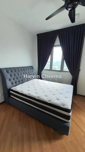 Bedroom features: king-size bed, upholstered headboard, dark grey bed frame, wooden flooring, floor-to-ceiling windows, blackout curtains, ceiling fan, decorative wall, natural light, view of city skyline; style: modern; view: city.